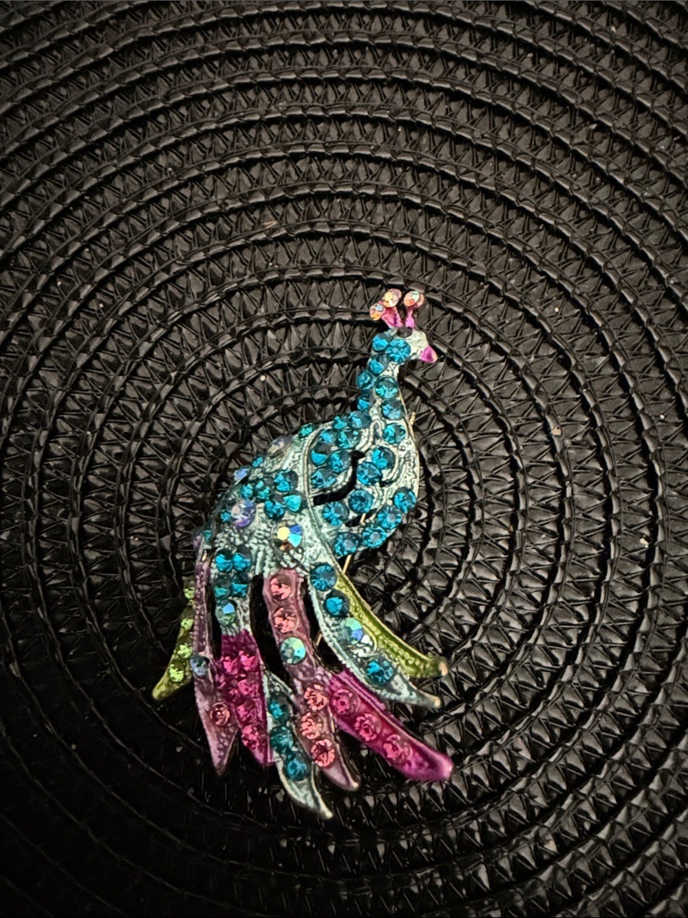 Colorful Jeweled Peacock Brooch with Blue, Pink & Green Rhinestones
